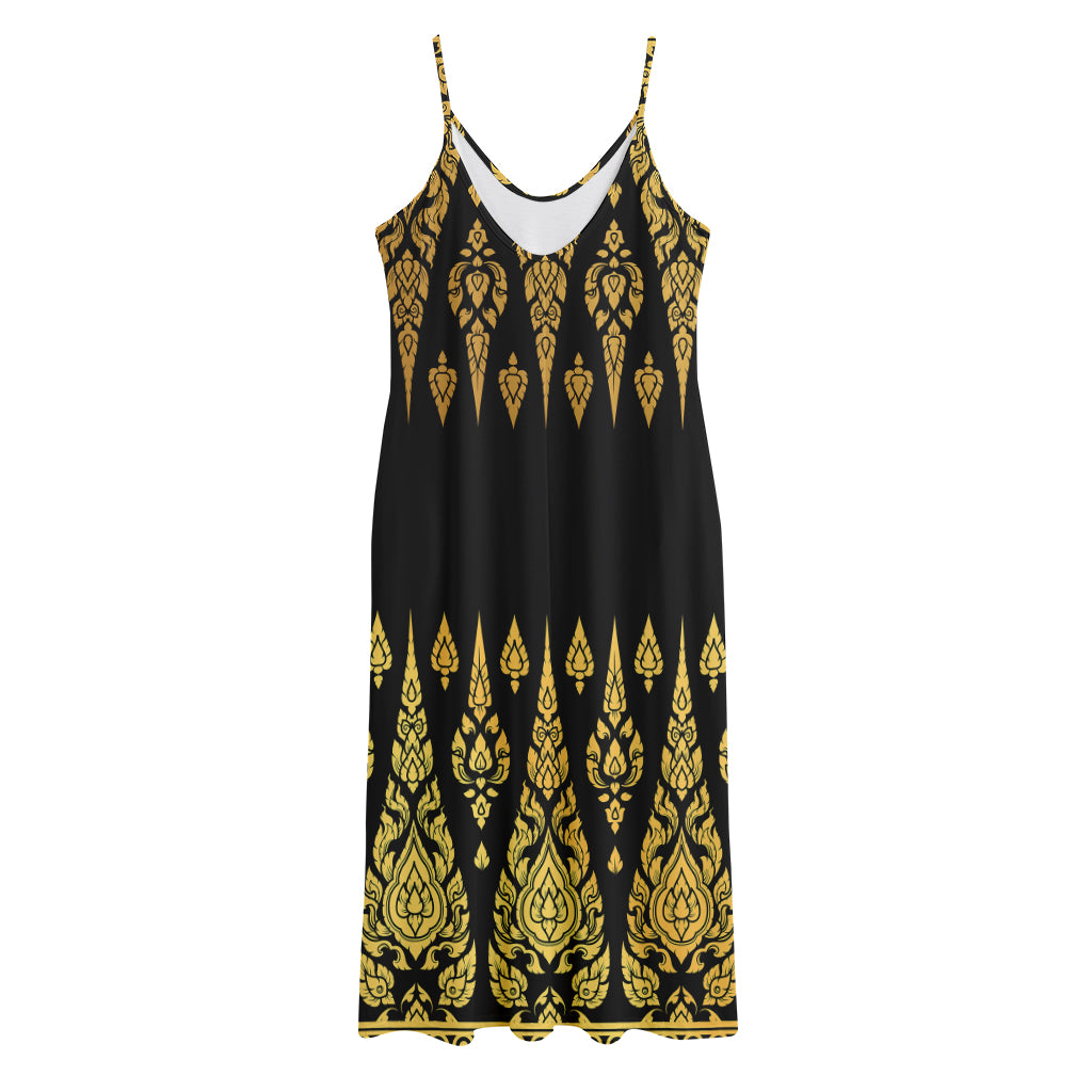 Gold And Black Thai Pattern Print Jersey Midi Cami Dress