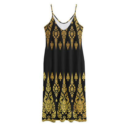Gold And Black Thai Pattern Print Jersey Midi Cami Dress