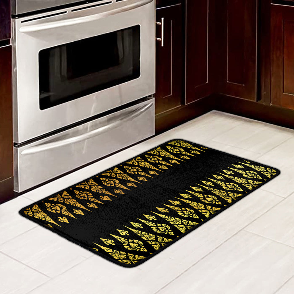 Gold And Black Thai Pattern Print Kitchen Mat