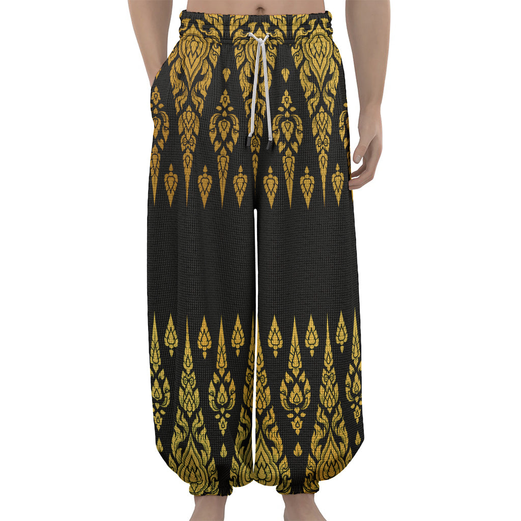 Gold And Black Thai Pattern Print Lantern Pants