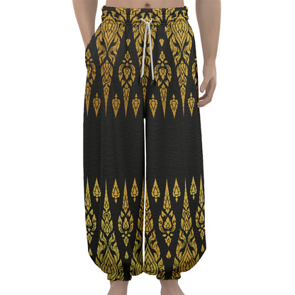 Gold And Black Thai Pattern Print Lantern Pants