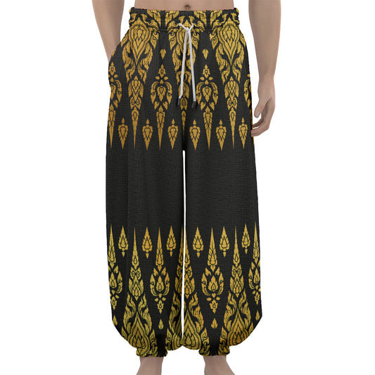 Gold And Black Thai Pattern Print Lantern Pants