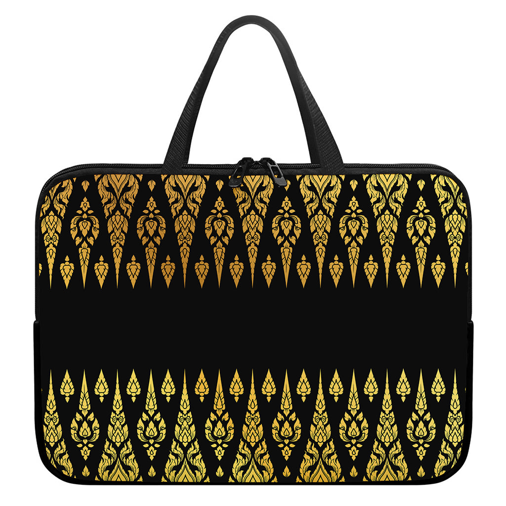 Gold And Black Thai Pattern Print Laptop Sleeve With Handle