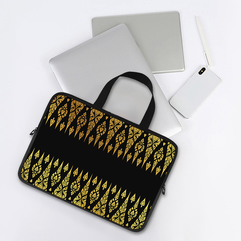 Gold And Black Thai Pattern Print Laptop Sleeve With Handle