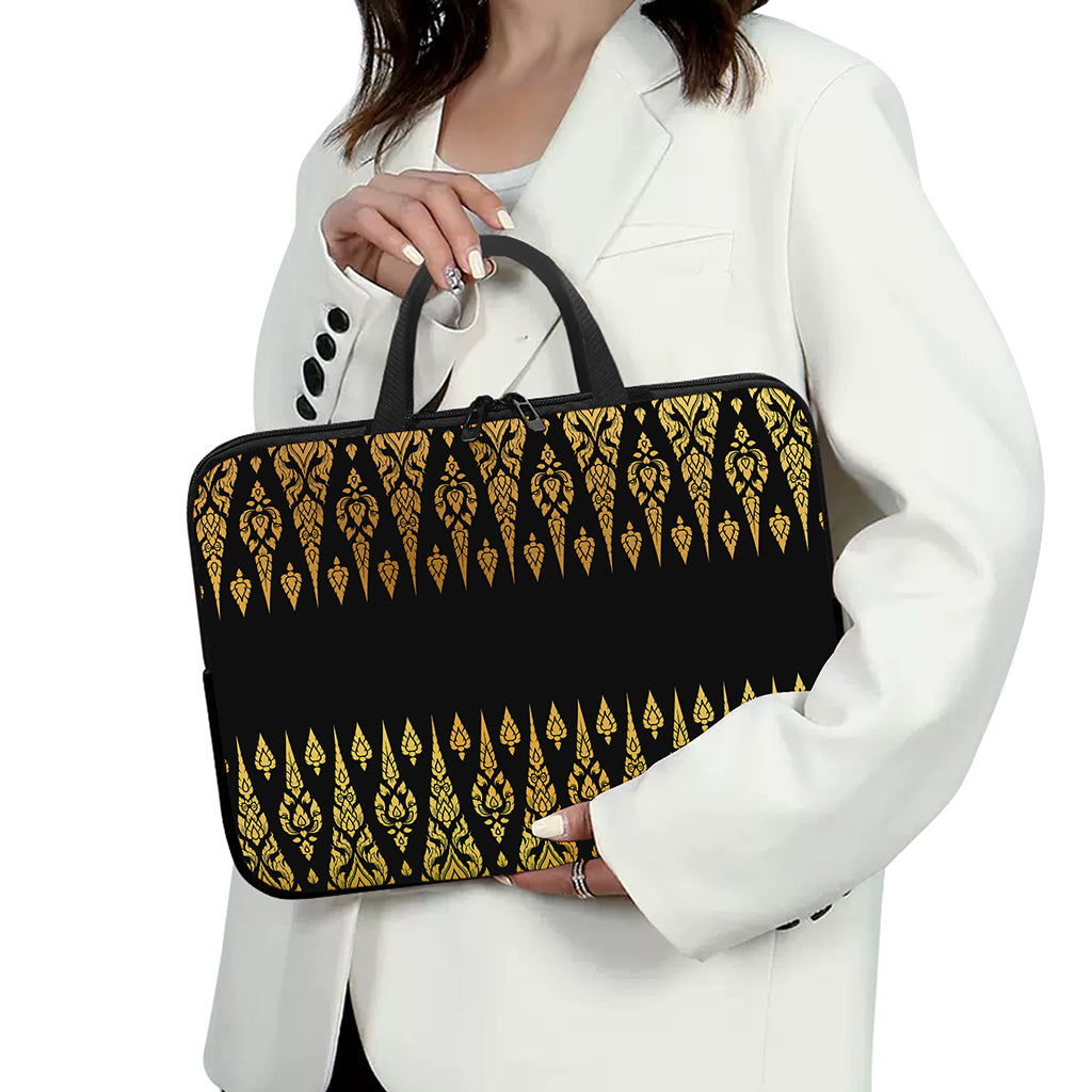 Gold And Black Thai Pattern Print Laptop Sleeve With Handle