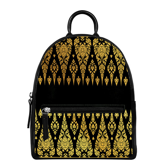 Gold And Black Thai Pattern Print Leather Backpack