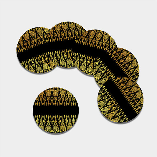 Gold And Black Thai Pattern Print Leather Coaster Set