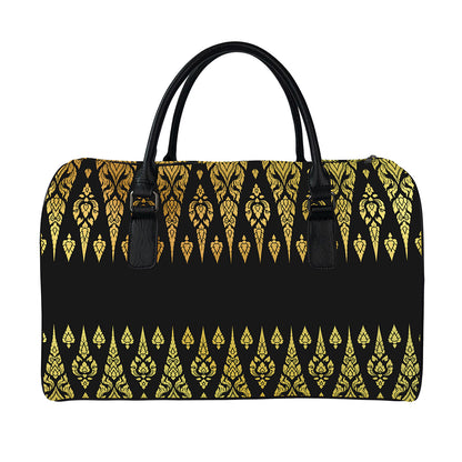 Gold And Black Thai Pattern Print Leather Duffle Bag