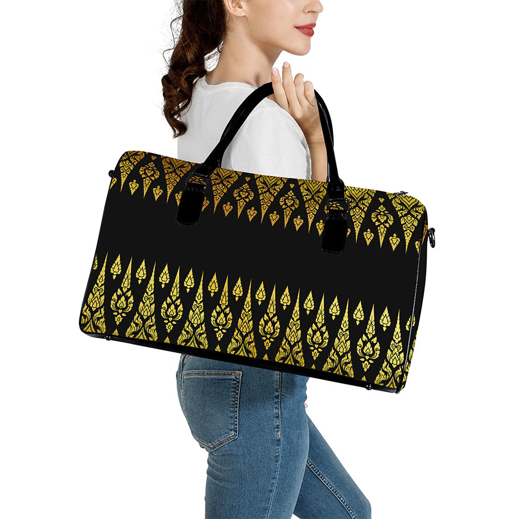 Gold And Black Thai Pattern Print Leather Duffle Bag