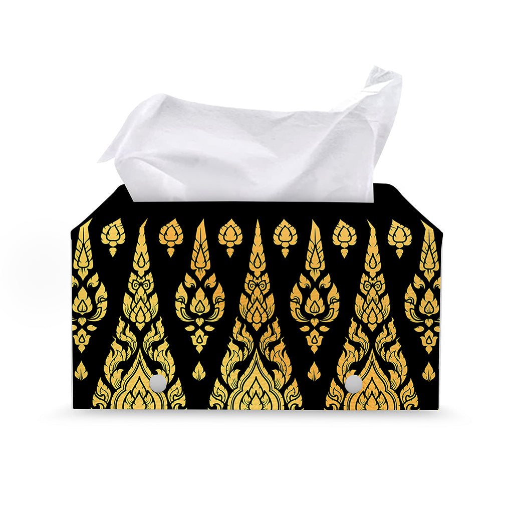 Gold And Black Thai Pattern Print Leather Tissue Box Cover