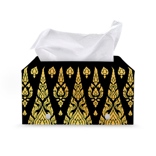Gold And Black Thai Pattern Print Leather Tissue Box Cover