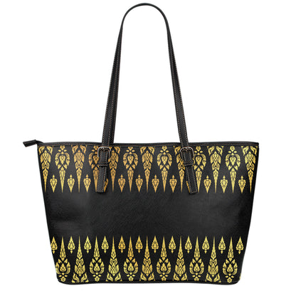 Gold And Black Thai Pattern Print Leather Tote Bag