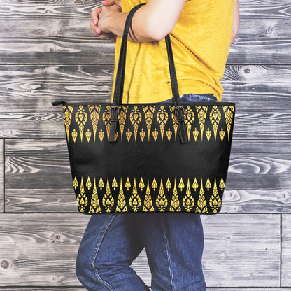 Gold And Black Thai Pattern Print Leather Tote Bag