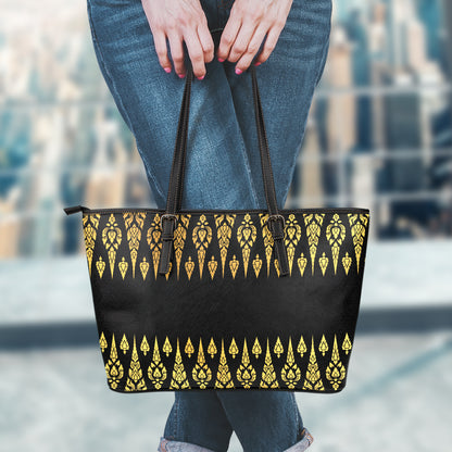 Gold And Black Thai Pattern Print Leather Tote Bag