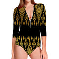 Gold And Black Thai Pattern Print Long Sleeve Swimsuit