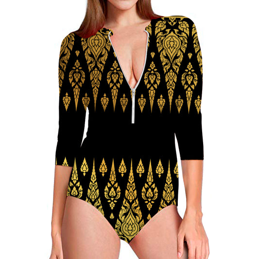 Gold And Black Thai Pattern Print Long Sleeve Swimsuit