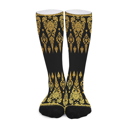 Gold And Black Thai Pattern Print Long Socks