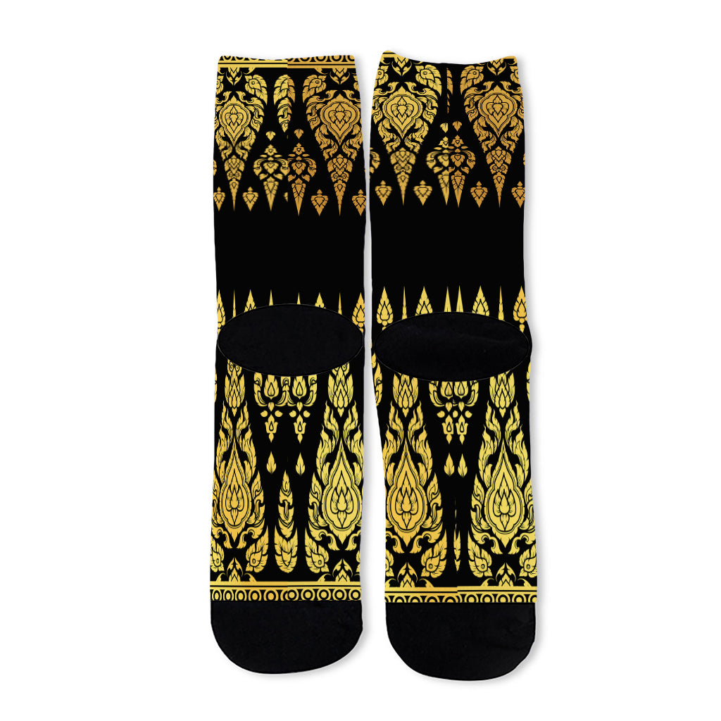 Gold And Black Thai Pattern Print Long Socks