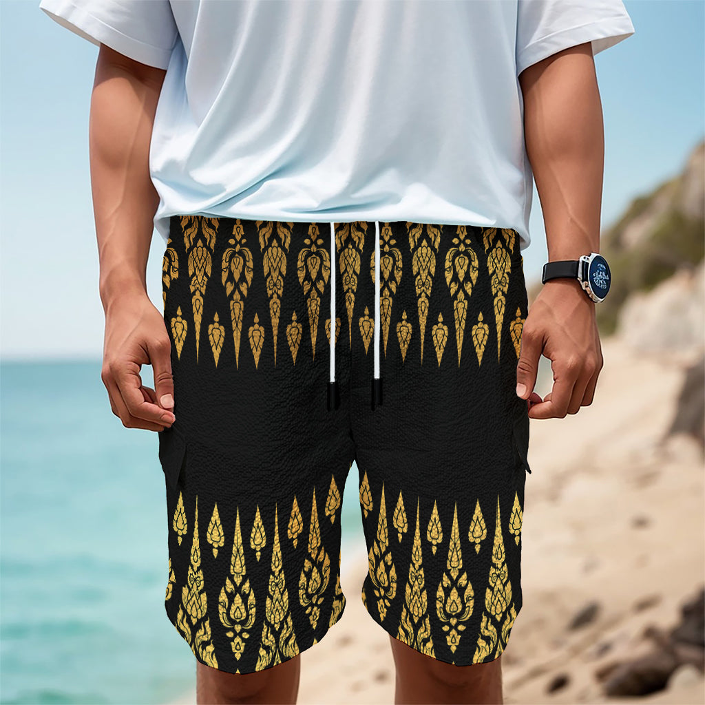 Gold And Black Thai Pattern Print Men's Cargo Shorts