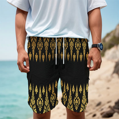 Gold And Black Thai Pattern Print Men's Cargo Shorts