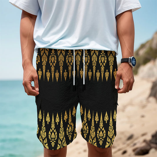Gold And Black Thai Pattern Print Men's Cargo Shorts