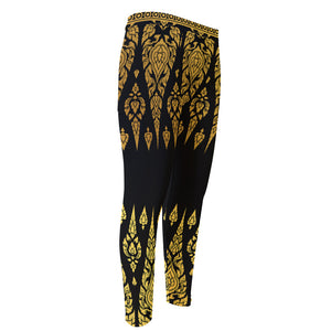 Gold And Black Thai Pattern Print Men's Compression Pants