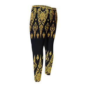 Gold And Black Thai Pattern Print Men's Compression Pants