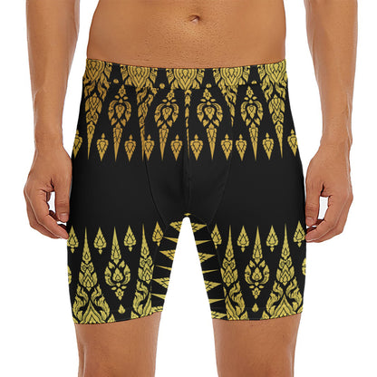 Gold And Black Thai Pattern Print Men's Long Boxer Briefs