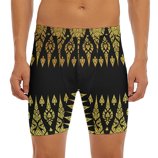Gold And Black Thai Pattern Print Men's Long Boxer Briefs