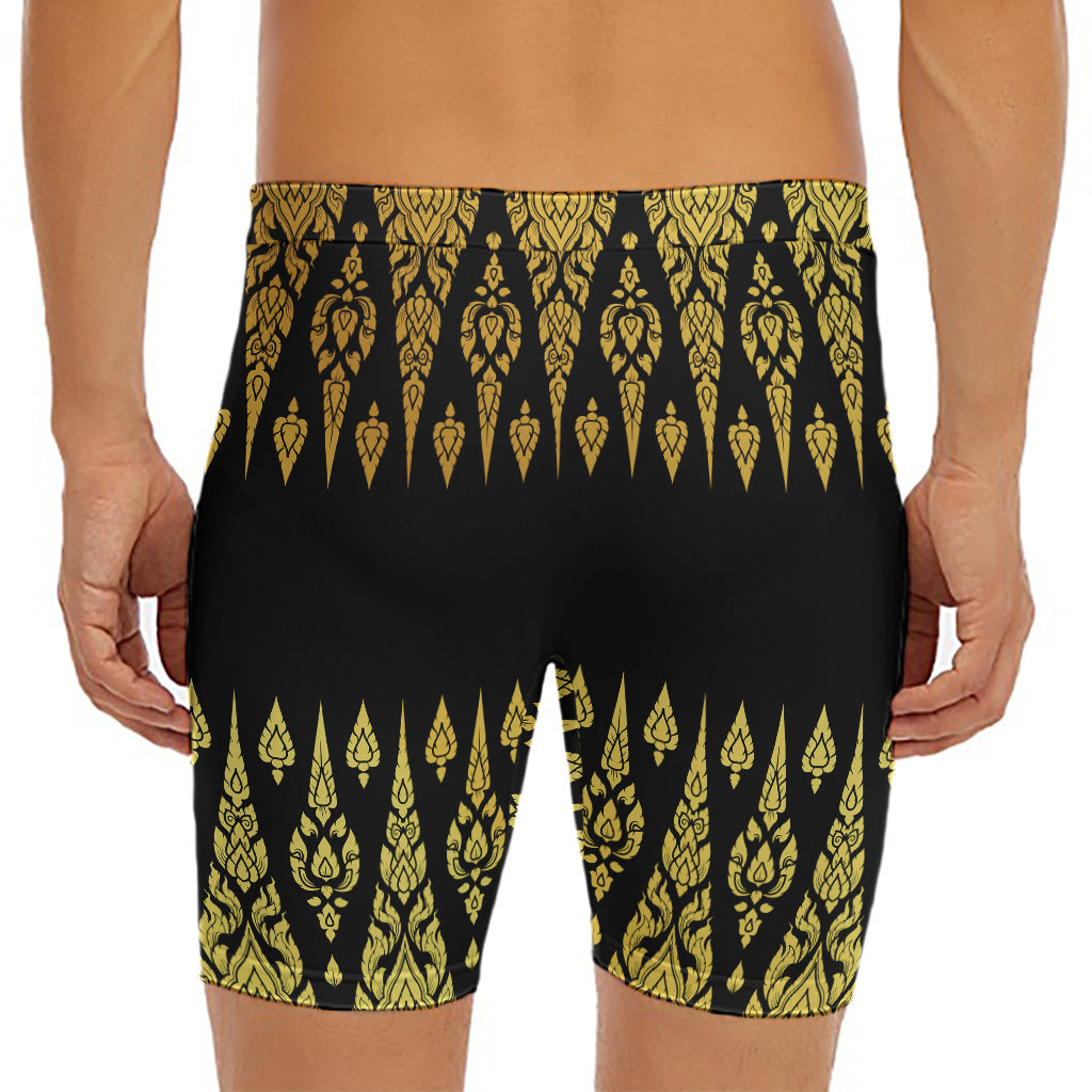 Gold And Black Thai Pattern Print Men's Long Boxer Briefs