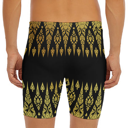 Gold And Black Thai Pattern Print Men's Long Boxer Briefs