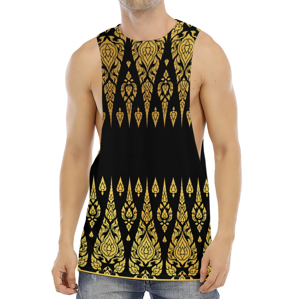 Gold And Black Thai Pattern Print Men's Muscle Tank Top
