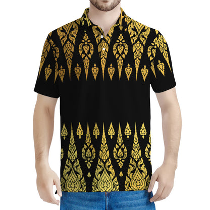 Gold And Black Thai Pattern Print Men's Polo Shirt