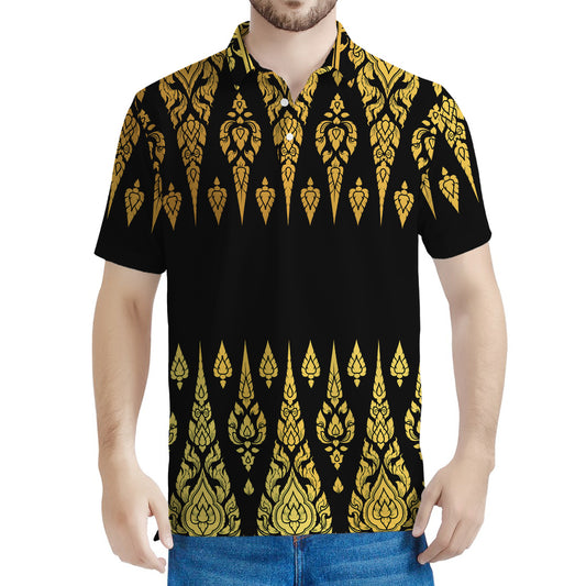 Gold And Black Thai Pattern Print Men's Polo Shirt