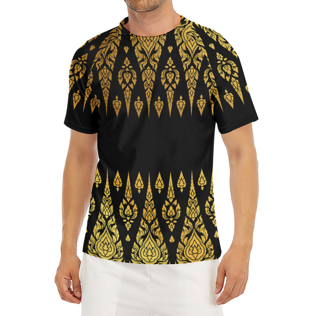 Gold And Black Thai Pattern Print Men's Short Sleeve Rash Guard