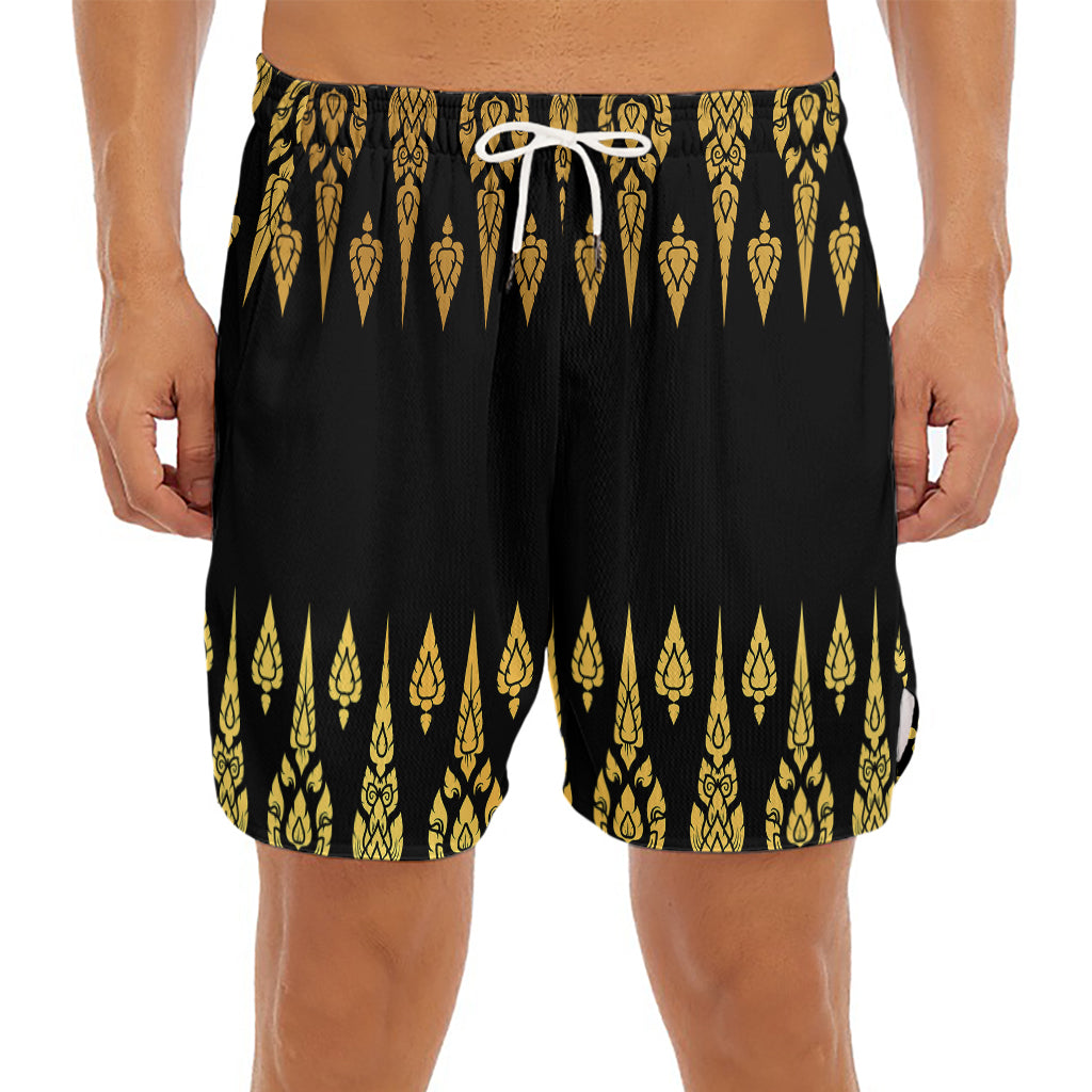 Gold And Black Thai Pattern Print Men's Split Running Shorts