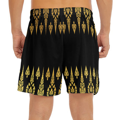 Gold And Black Thai Pattern Print Men's Split Running Shorts
