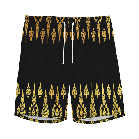 Gold And Black Thai Pattern Print Men's Sports Shorts