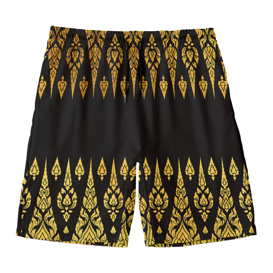 Gold And Black Thai Pattern Print Men's Swim Trunks