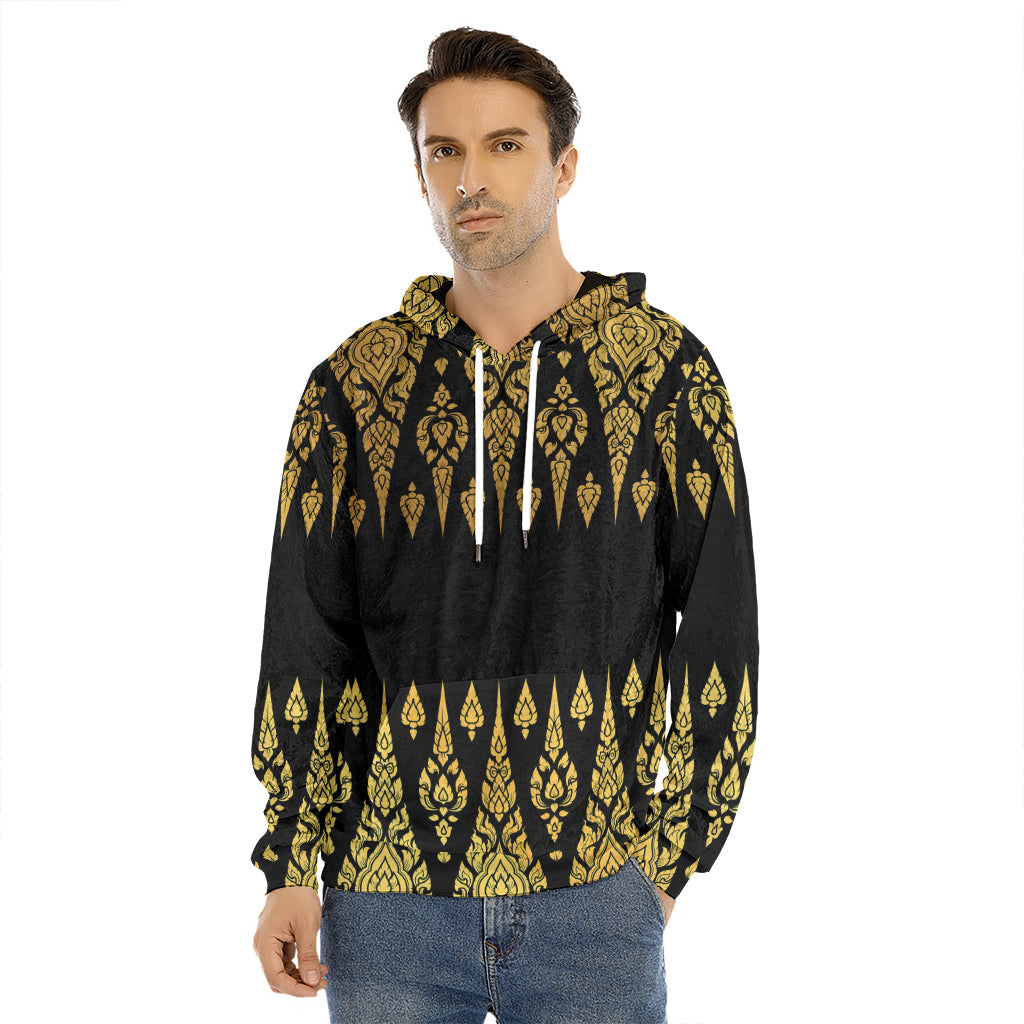 Gold And Black Thai Pattern Print Men's Velvet Pullover Hoodie