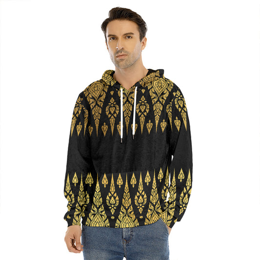 Gold And Black Thai Pattern Print Men's Velvet Pullover Hoodie