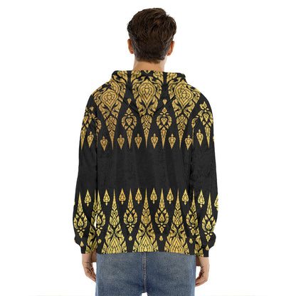 Gold And Black Thai Pattern Print Men's Velvet Pullover Hoodie