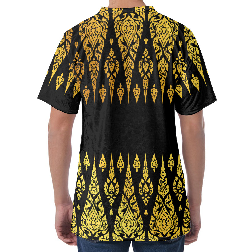 Gold And Black Thai Pattern Print Men's Velvet T-Shirt