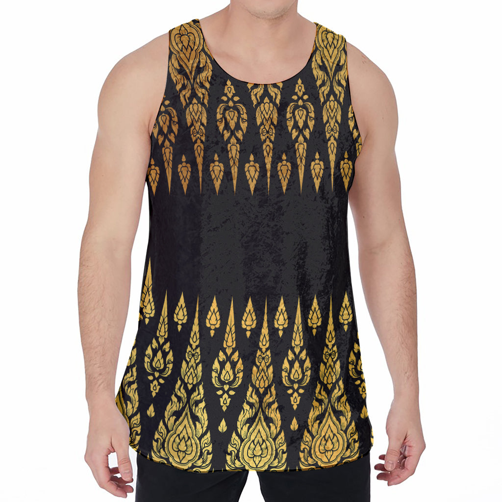 Gold And Black Thai Pattern Print Men's Velvet Tank Top