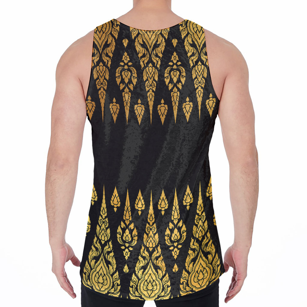 Gold And Black Thai Pattern Print Men's Velvet Tank Top