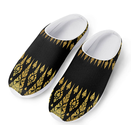 Gold And Black Thai Pattern Print Mesh Casual Shoes