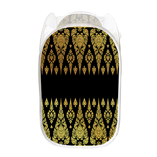 Gold And Black Thai Pattern Print Mesh Laundry Hamper
