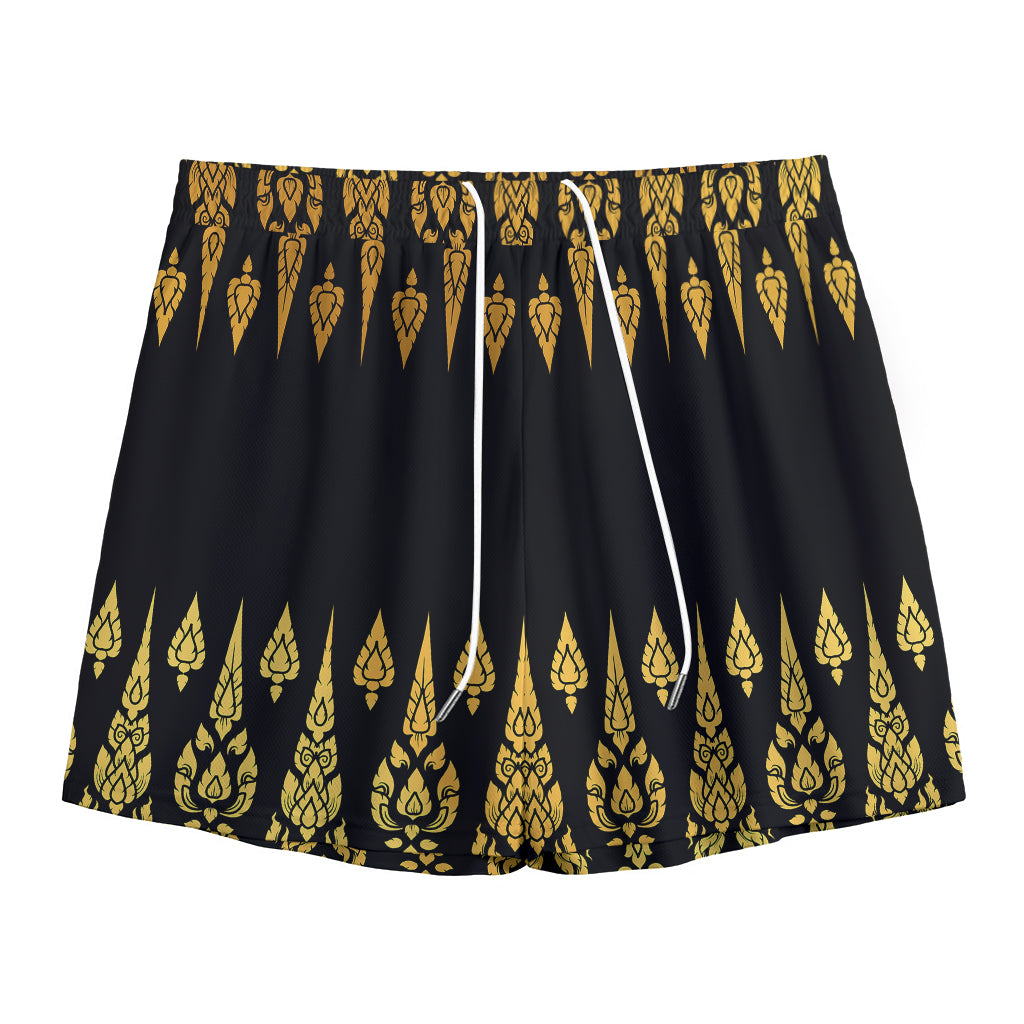 Gold And Black Thai Pattern Print Mesh Shorts