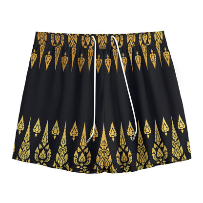 Gold And Black Thai Pattern Print Mesh Shorts
