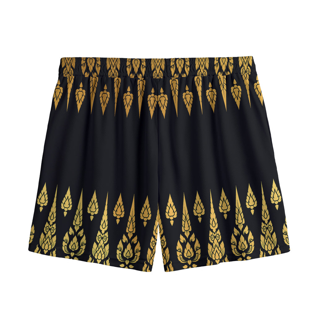 Gold And Black Thai Pattern Print Mesh Shorts